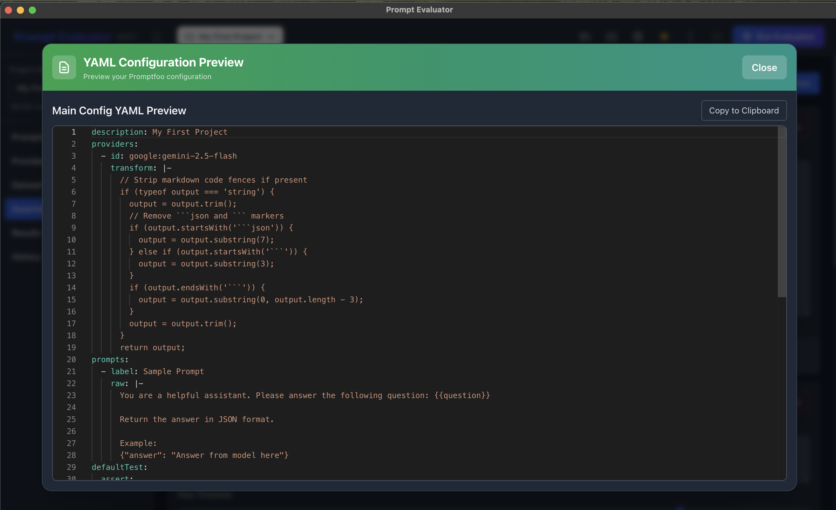 Promptfoo YAML configuration preview showing complete project setup
