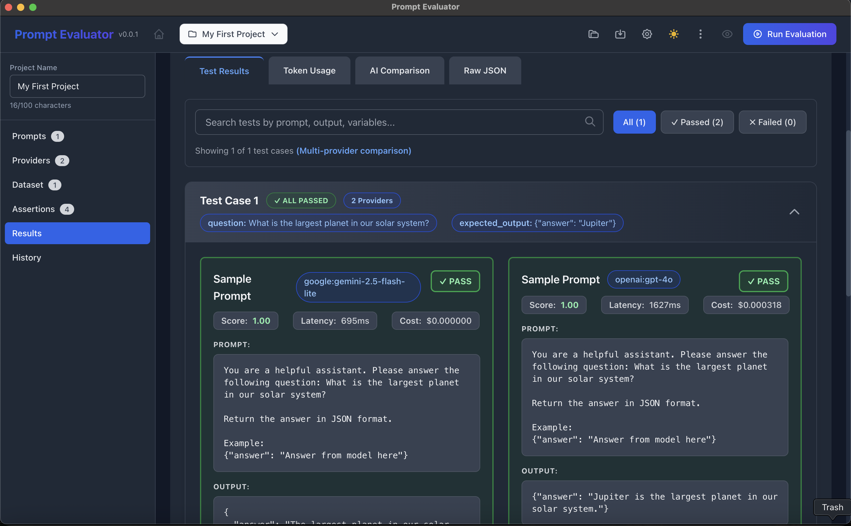 Test results showing detailed comparison between models