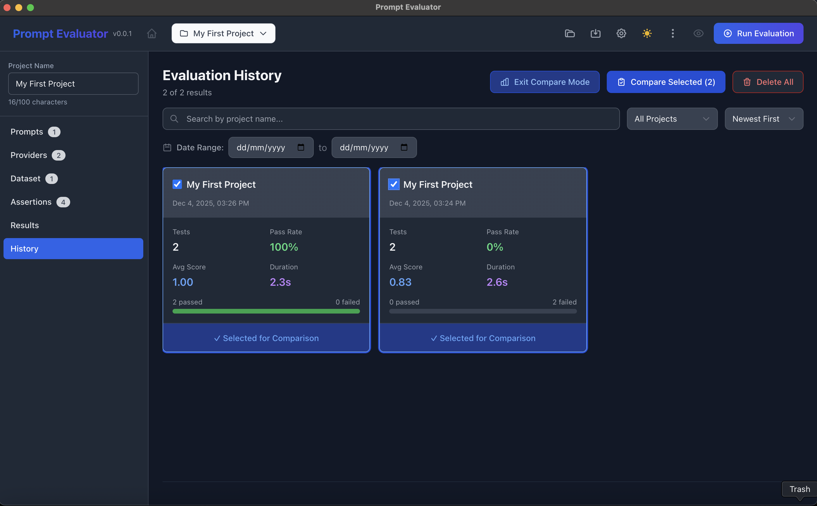 Test results showing detailed comparison between models
