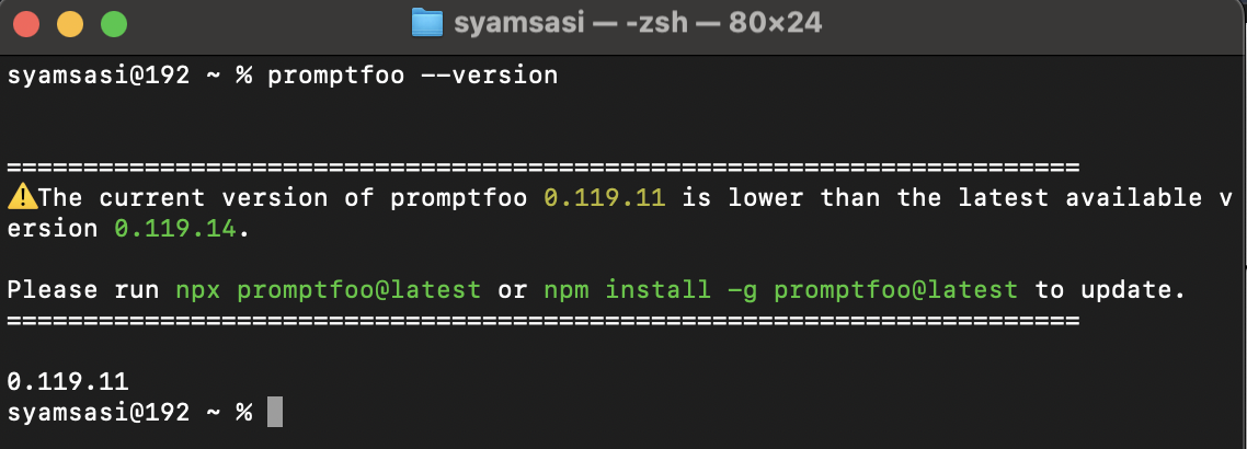 Terminal showing Promptfoo version check