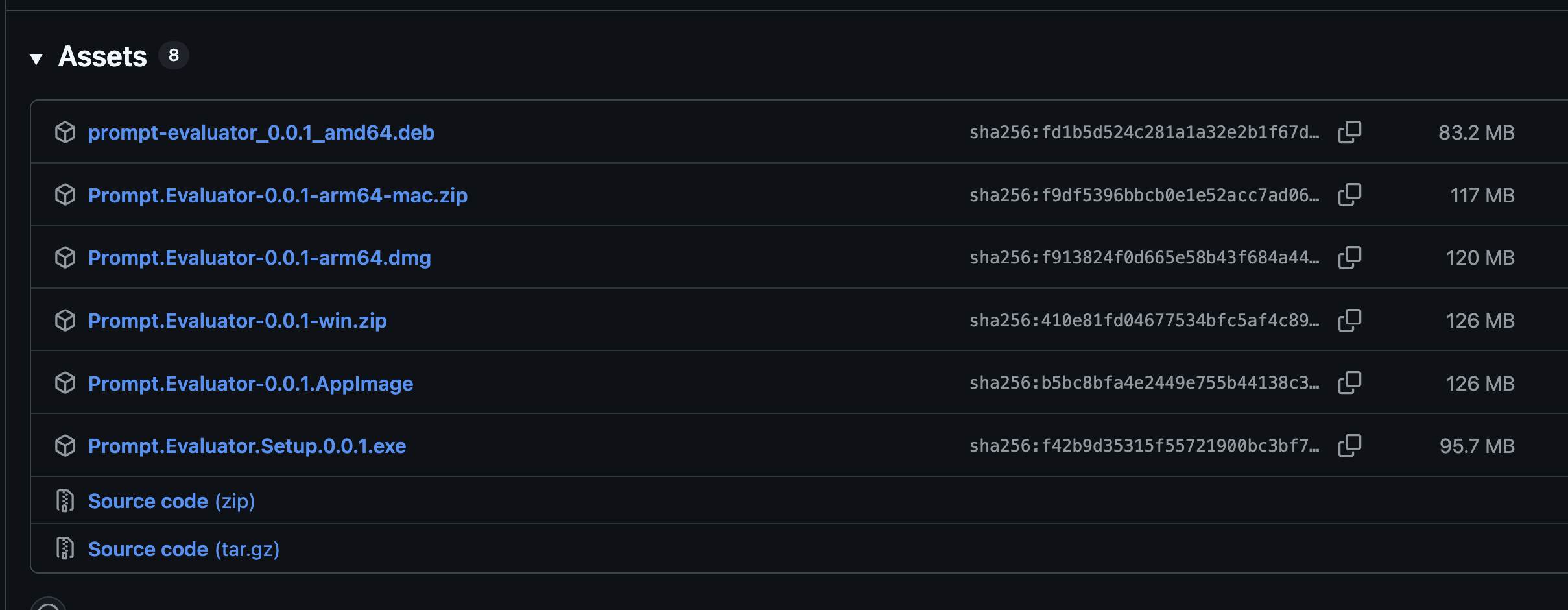 GitHub releases page showing available downloads