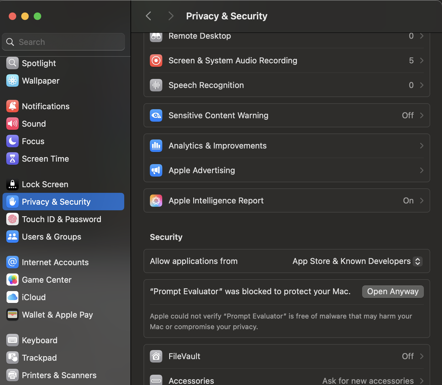 macOS Privacy & Security settings