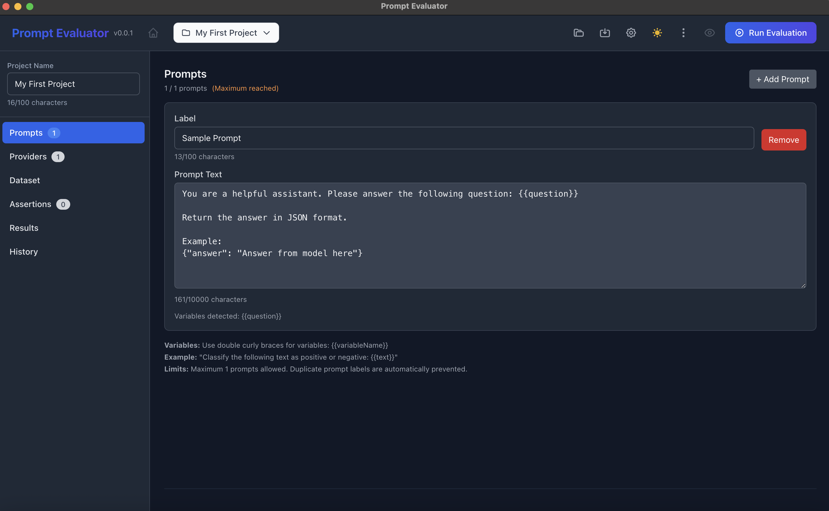 Prompt editor showing sample prompt configuration