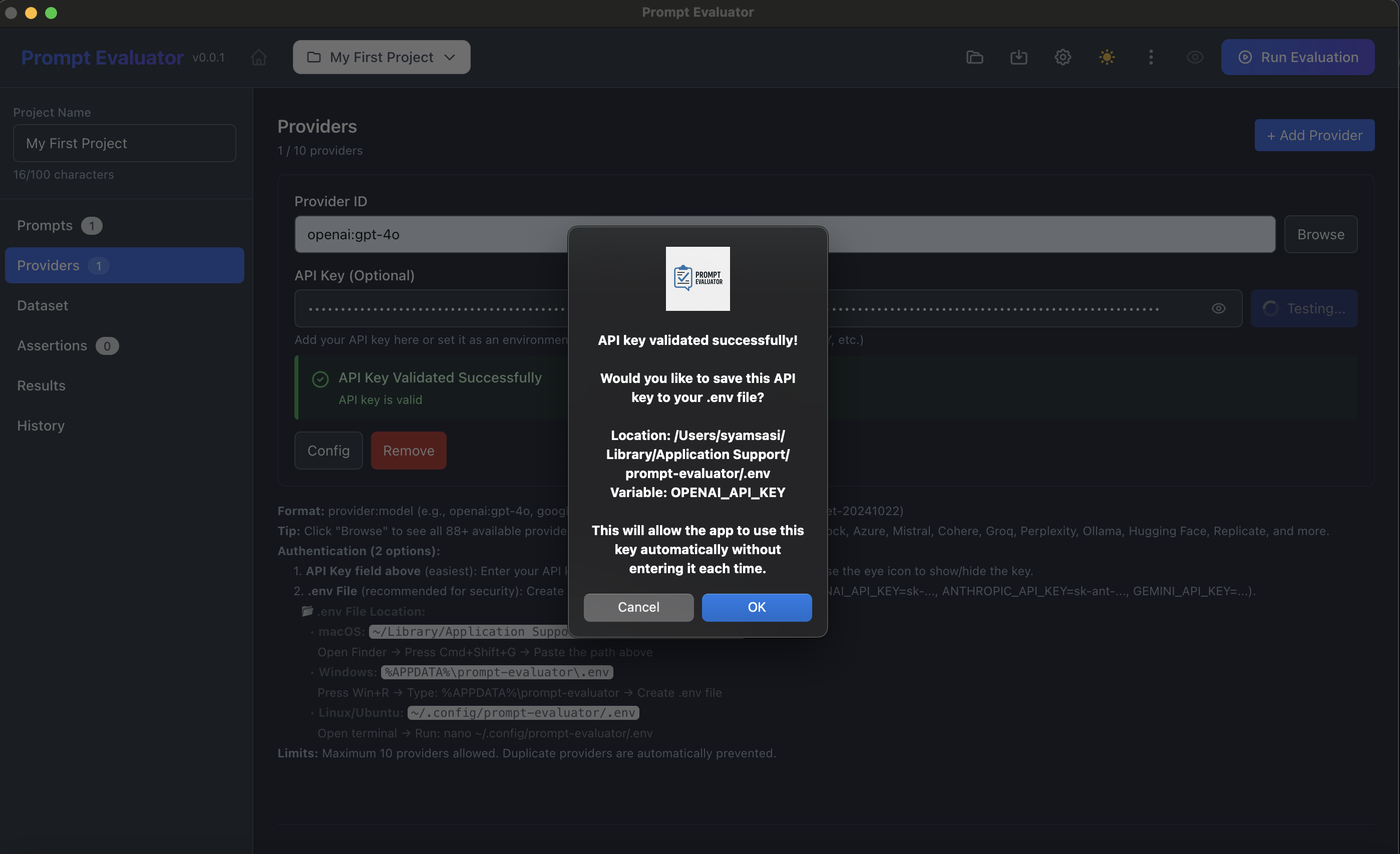 OpenAI provider configuration screen