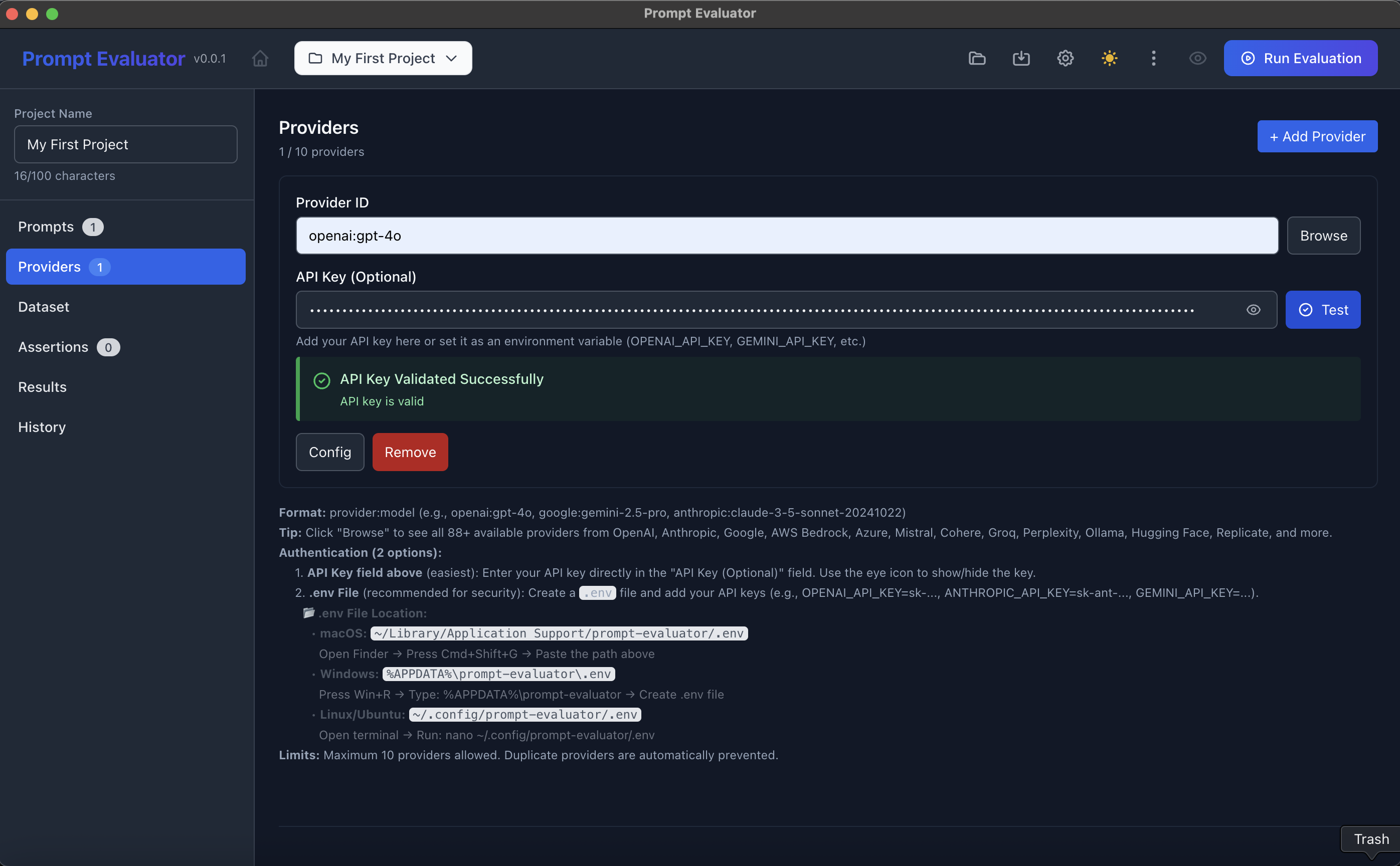 API Key validated successfully message