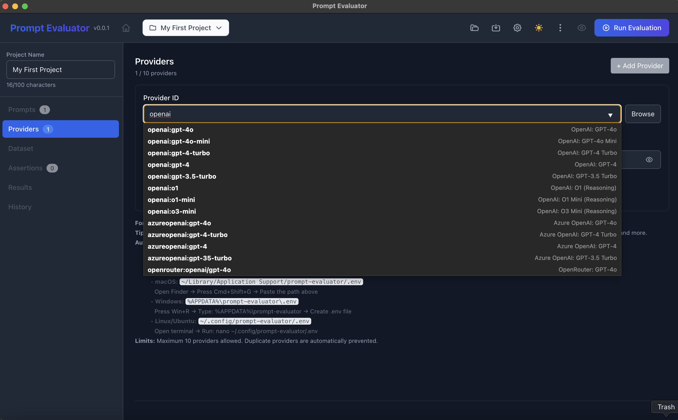 OpenAI provider configuration screen