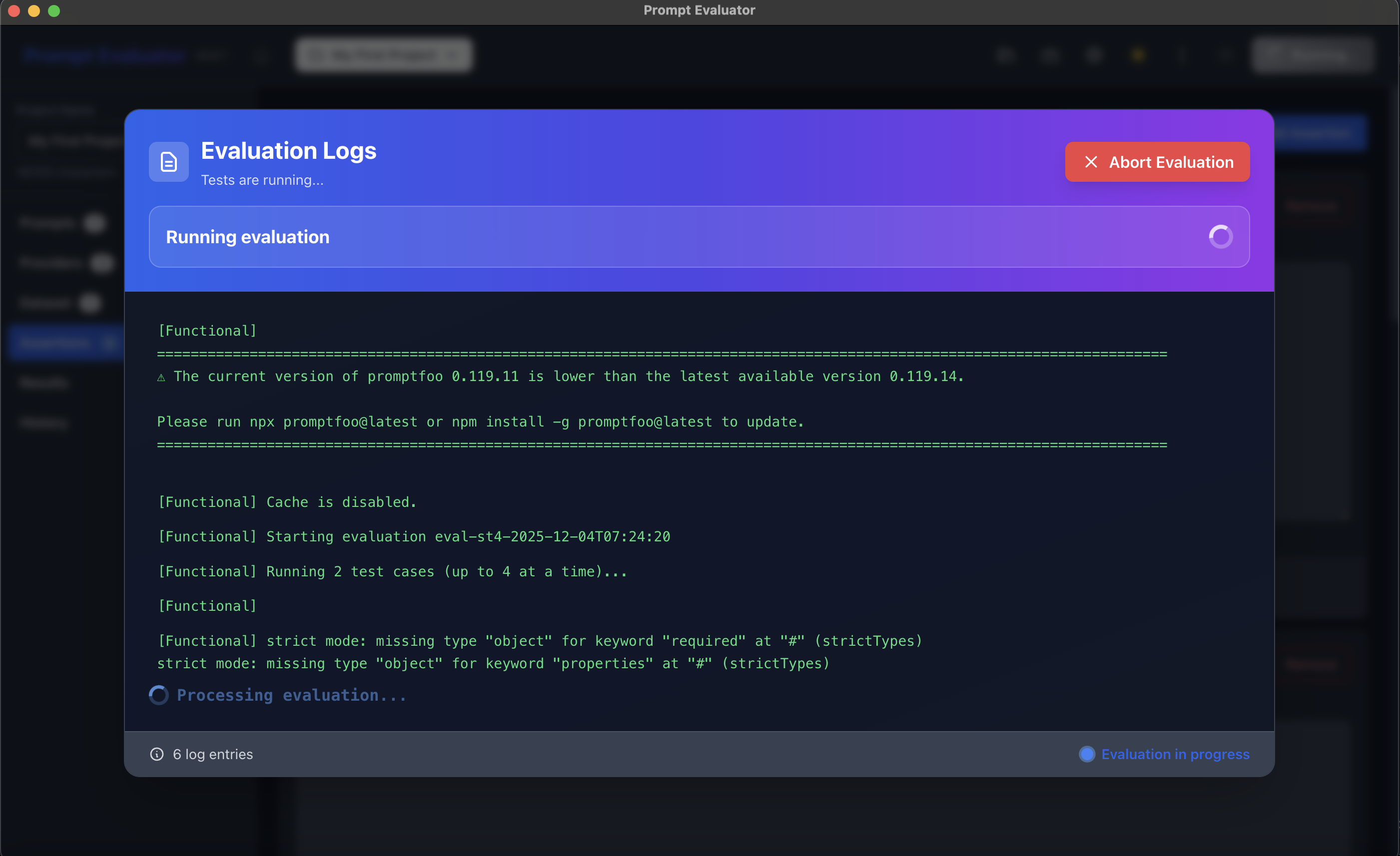 Evaluation logs dialog showing test execution